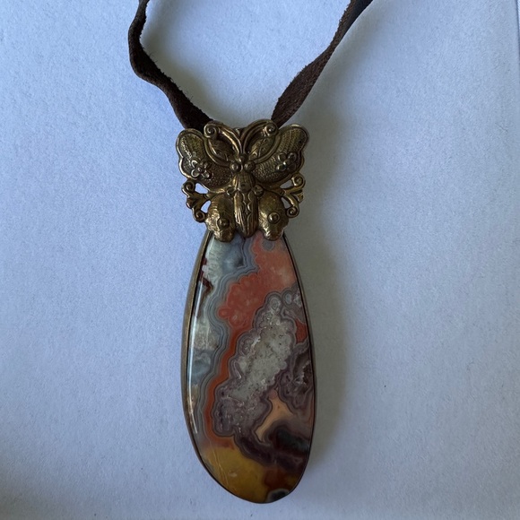 Stephen Dweck Boulder Opal Brown Leather and Bronze Butterfly Pendant Necklace - Picture 3 of 12
